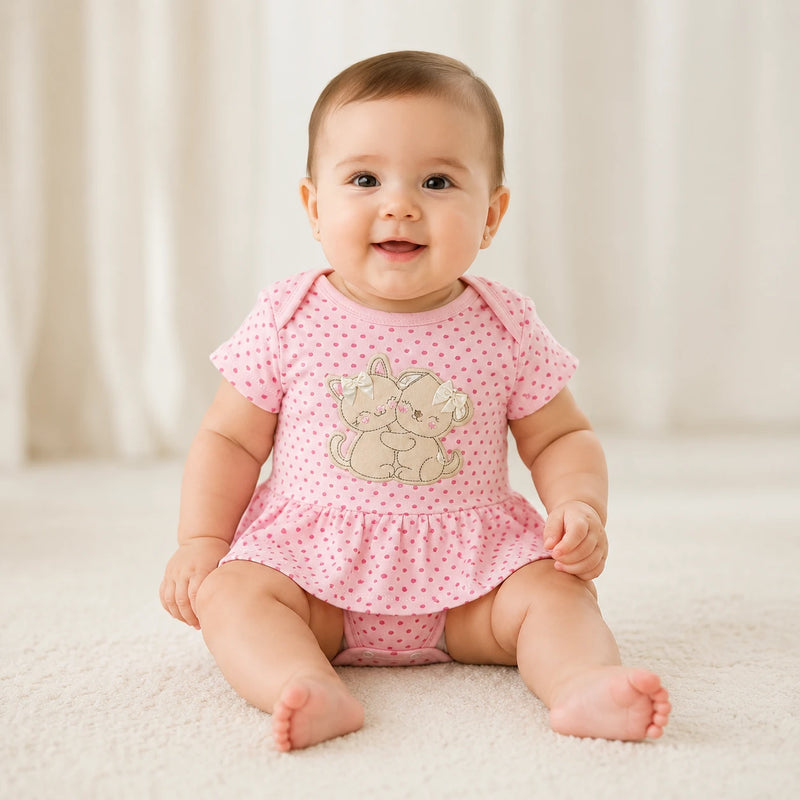 Bebê vestindo body Suedine Saia Manga Curta Bordado e Estampa Corrida na cor rosa bebê — NinaBoo ref. 5075