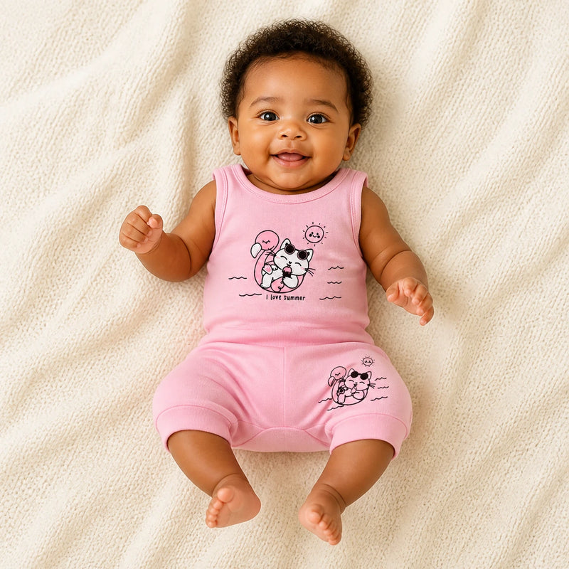 Conjunto vestido por bebê: Body Suedine Regata Estampado + Shorts Saruel Suedine Estampado (cor principal) — NinaBoo refs 1468/1469