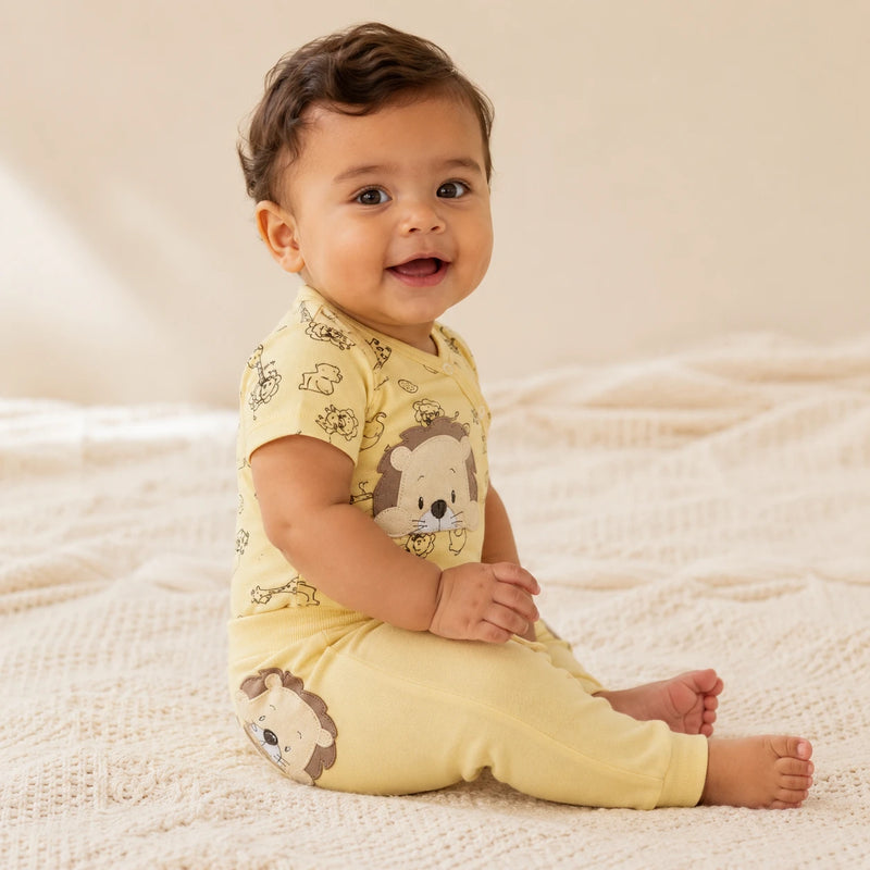 Conjunto vestido por bebê: Kit 3 Bodies Suedine Manga Curta Transversal Bordado e Estam + Kit 3 Culotes Saruel Suedine sem Pé Bordado (cor principal do kit) — NinaBoo refs 5104/5105