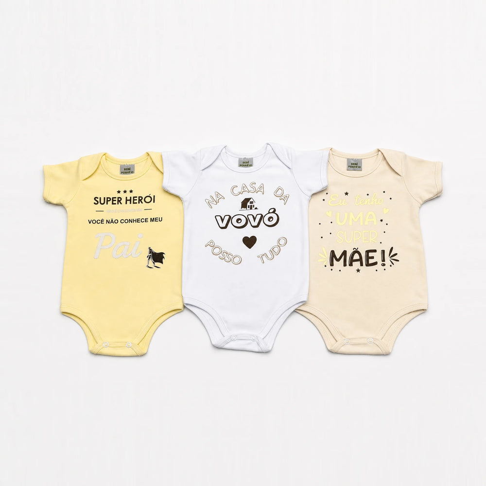 Kit 3 Bodies Suedine Manga Curta com Frase Estampado — Menina · Ref. 1472