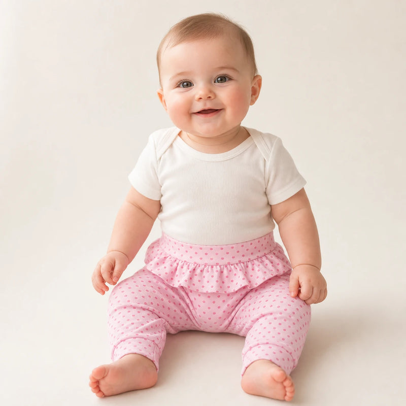 Bebê vestindo culote Saruel Suedine sem Pé Babado e Estampa Corrida na cor rosa com poás — NinaBoo ref. 5055