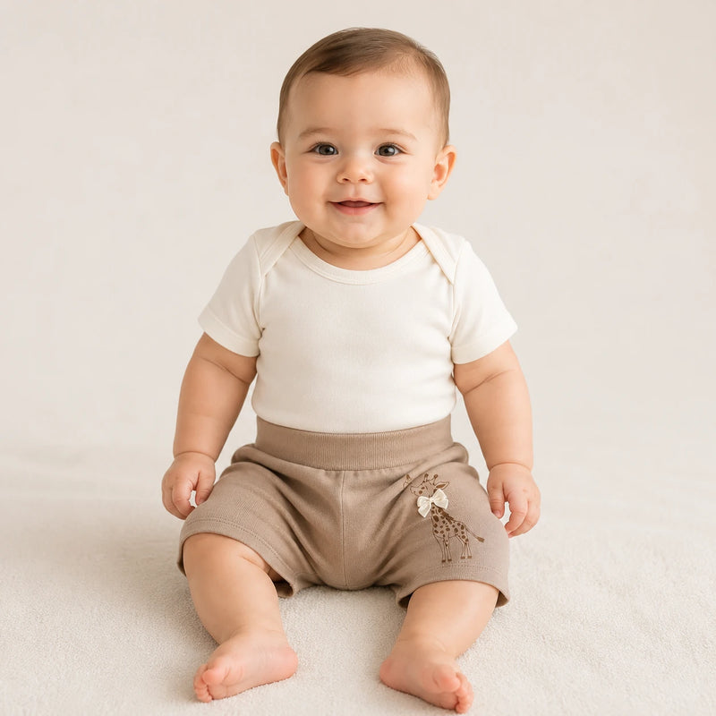 Bebê vestindo shorts Saruel Suedine Estampado na cor taupe — NinaBoo ref. 5071