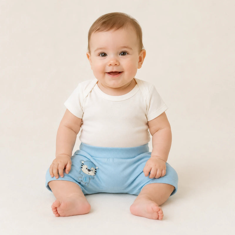 Bebê vestindo shorts Saruel Suedine Bordado na cor azul bebê — NinaBoo ref. 5119