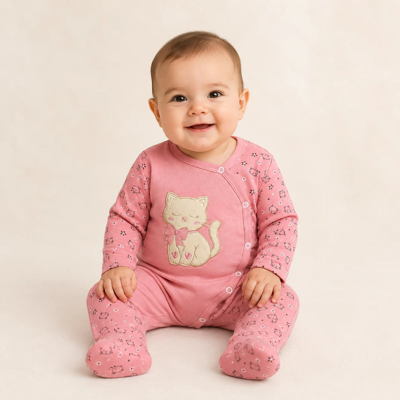 Bebê vestindo macacão Suedine Manga Longa Bordado e Estampa com Pé Reversível na cor rosa — NinaBoo ref. 5134