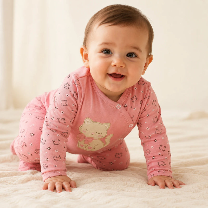 Bebê vestindo macacão Suedine Manga Longa Bordado e Estampa com Pé Reversível na cor rosa, em outro ângulo — NinaBoo ref. 5134