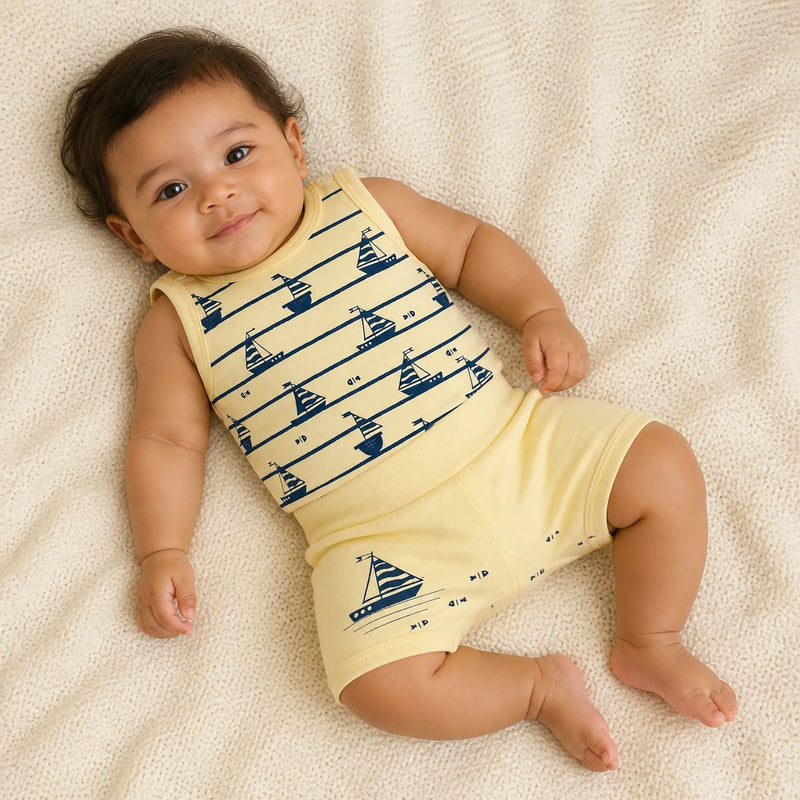Conjunto vestido por bebê: Body Suedine Regata Estampado + Shorts Saruel Suedine Estampado (cor principal) — NinaBoo refs 1498/1499