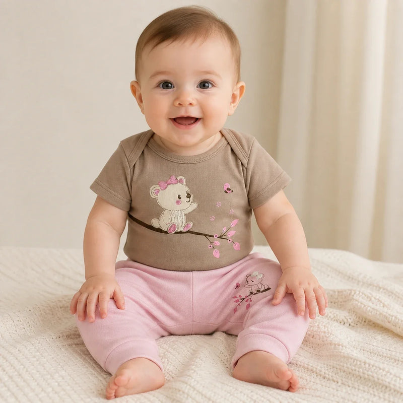 Conjunto vestido por bebê: Body Suedine Manga Curta Bordado e Estampa + Culote Saruel Suedine sem Pé Estampado (cor principal) — NinaBoo refs 5050/5051