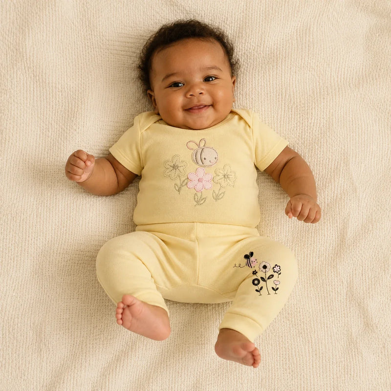 Conjunto vestido por bebê: Body Suedine Manga Curta Bordado e Babado + Culote Saruel Suedine sem Pé Estampado (cor principal) — NinaBoo refs 5052/5053