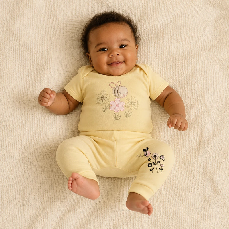Conjunto vestido por bebê: Kit 3 Bodies Suedine Manga Curta Bordado e Babado + Kit 3 Culotes Saruel Suedine sem Pé Estampado (cor principal do kit) — NinaBoo refs 5052/5053