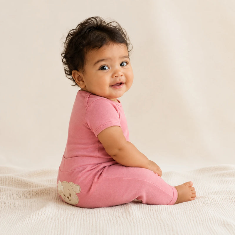 Conjunto vestido por bebê: Kit 3 Bodies Suedine Manga Curta Bordado + Kit 3 Culotes Saruel Suedine sem Pé Bordado (cor principal do kit) — NinaBoo refs 5056/5057