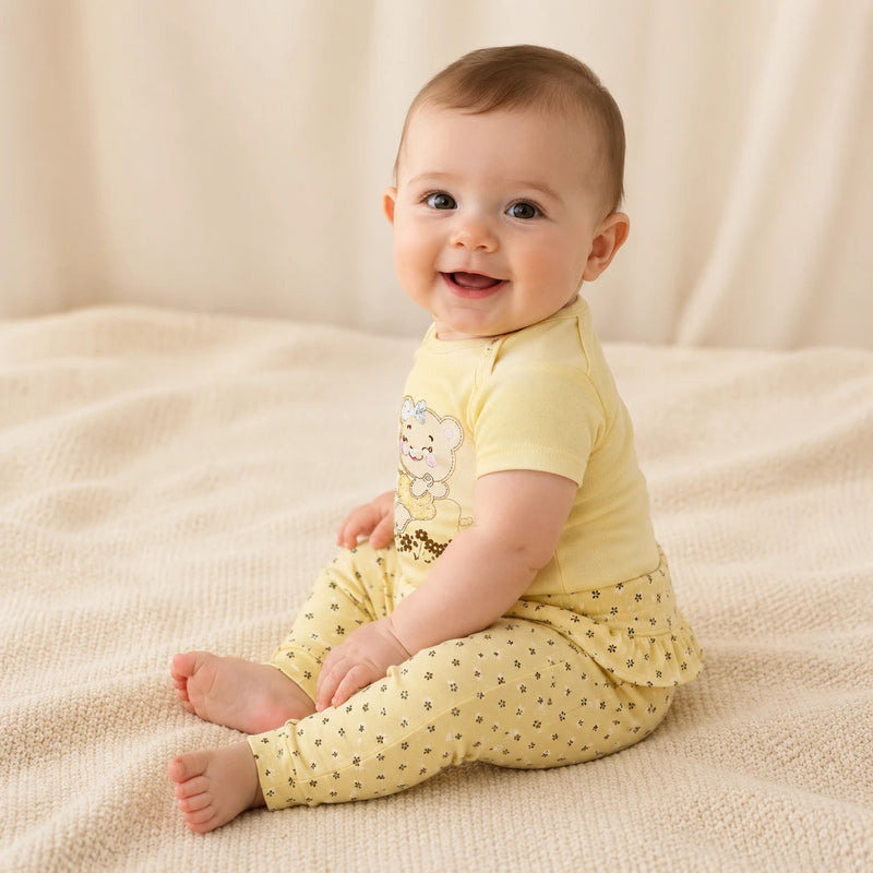 Conjunto vestido por bebê: Kit 3 Bodies Suedine Manga Curta Bordado e Estampa + Kit 3 Culotes Saruel Suedine sem Pé Babado e Estampa Corrida (cor principal do kit) — NinaBoo refs 5058/5059