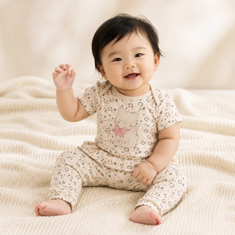 Conjunto vestido por bebê: Kit 3 Bodies Suedine Manga Curta Bordado e Estampa Corrida + Kit 3 Culotes Saruel Suedine sem Pé Estampa Corrida (2ª cor do kit) — NinaBoo refs 5060/5061