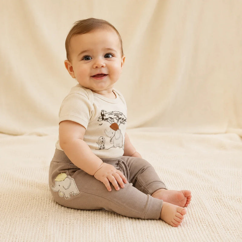 Conjunto vestido por bebê: Body Suedine Manga Curta Bordado e Estampa + Culote Saruel Suedine sem Pé Bordado (cor principal) — NinaBoo refs 5098/5099