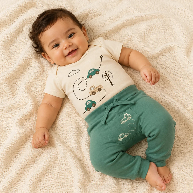Conjunto vestido por bebê: Kit 3 Bodies Suedine Manga Curta Bordado e Estampa + Kit 3 Culotes Saruel Suedine sem Pé Estampado com Bolso — Me (2ª cor do kit) — NinaBoo refs 5102/5103